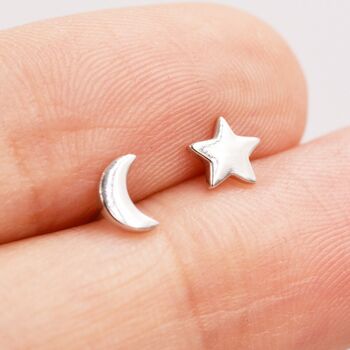 Tiny Crescent Moon And Star Stud Earrings, 3 of 11