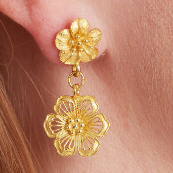 Gold Plated Filigree Double Drop Flower Stud Earrings, 3 of 8