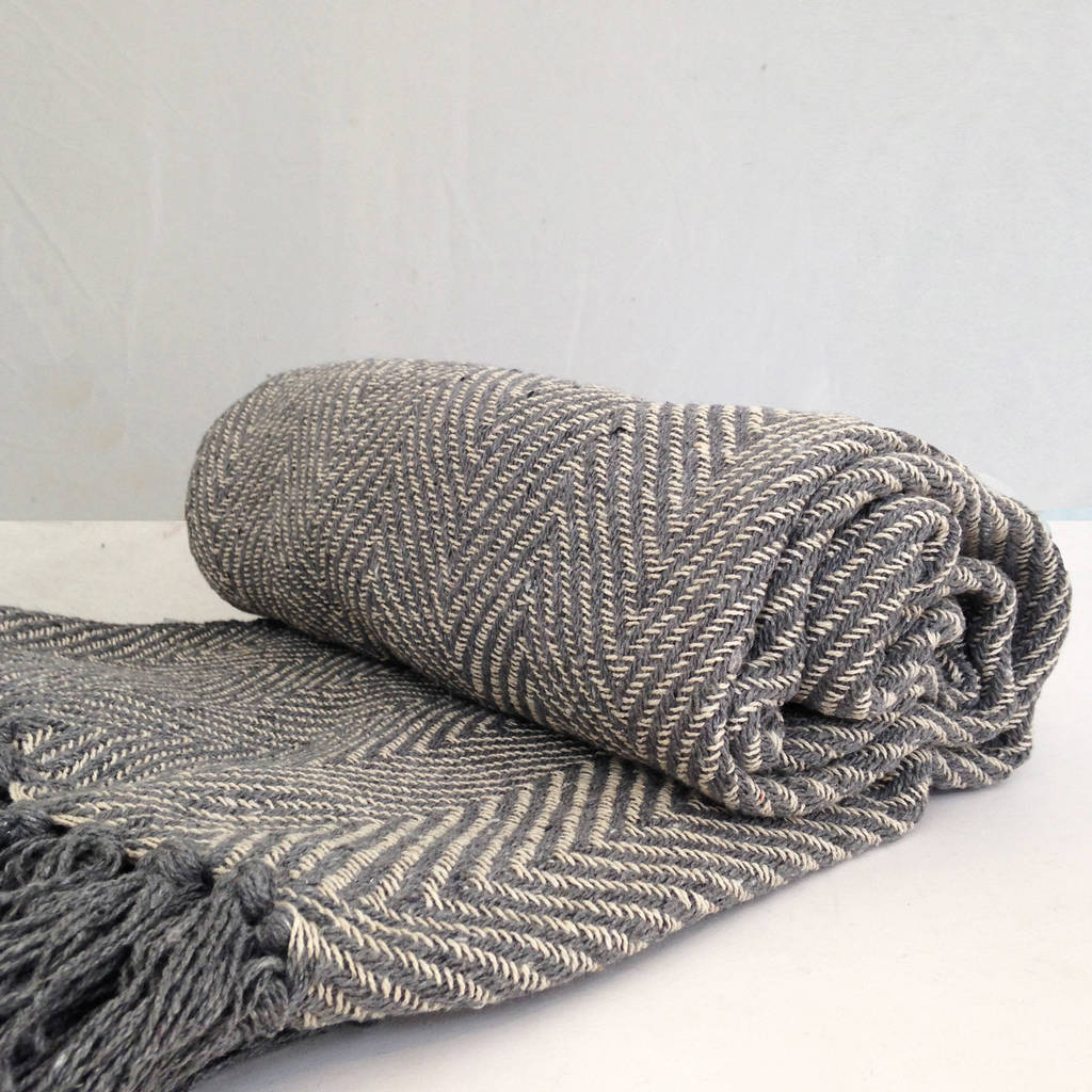fringed grey chevron woven throw by posh totty designs interiors