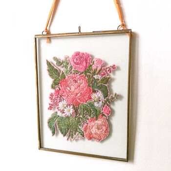 Framed Pink Peony Rose Daisy Embroidered Art, 6 of 6