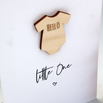New Baby Card Hello Little One Wooden Babygrow, 2 of 5