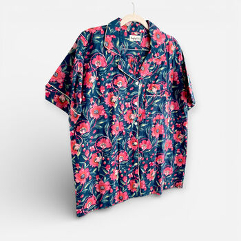 Navy And Pink Block Print 100% Cotton Ladies Pyjama Short Set, 5 of 6