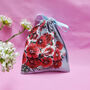 Organic Cotton Red Dianthus Reusable Pouch With Eco Satin Ribbon, thumbnail 3 of 7