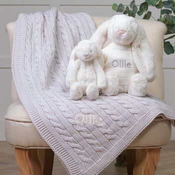 Personalised Blanket And Bashful Bunny In Grey/Cream, 3 of 7
