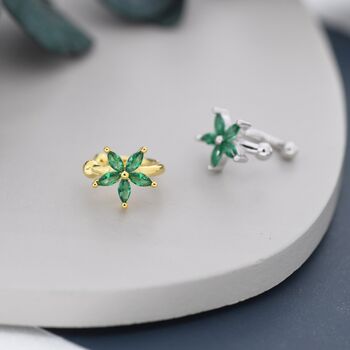 Emerald Green Cz Flower Ear Cuff In Sterling Silver, 3 of 8