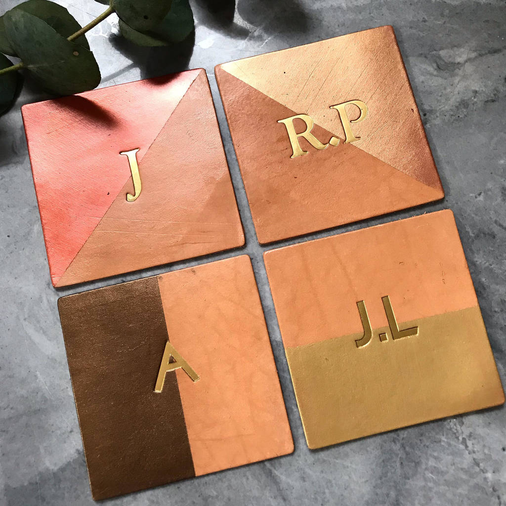 Monogram Metallic Leather Square Coasters By Parkin & Lewis
