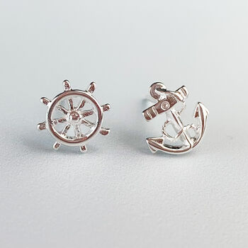 Sterling Silver Nautical Anchor And Wheel Stud Earrings, 2 of 5
