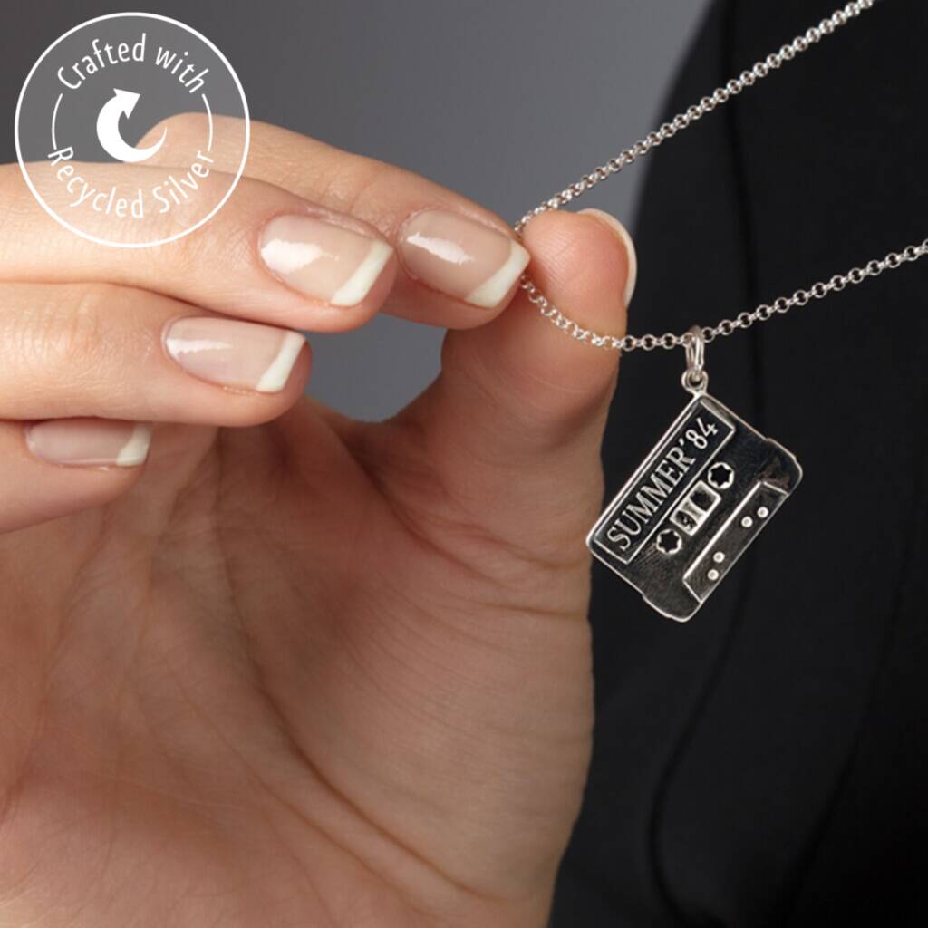 Engraved Silver Cassette Tape Necklace By Lily Charmed