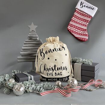 Personalised Christmas Eve Bag Natural With Red, 3 of 9