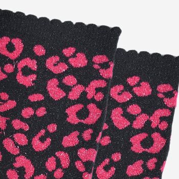 Women's Glitter Socks Pink Black Leopard Print, 3 of 5