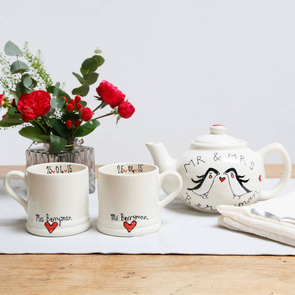 Personalised Wedding Teapot And Mugs Set By White Rain Designs