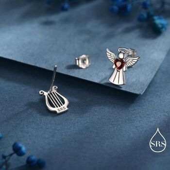 Mismatched Angel And Lyre Stud Earrings In Sterling Silver, 6 of 12