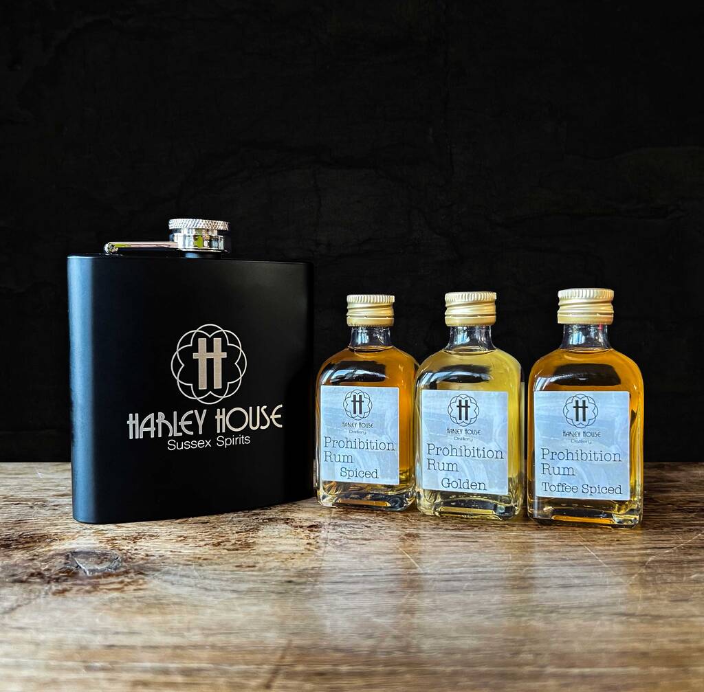 Hip Flask And Three Miniatures Gin Or Rum Gift Set By Harley House