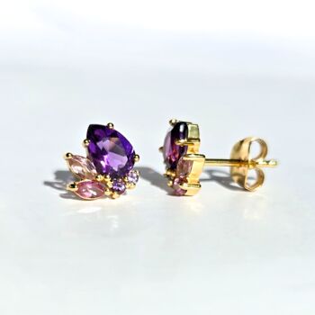 Amethyst And Pink Tourmaline Stud Earrings In Silver And Gold, 8 of 12
