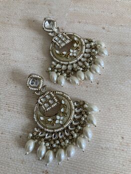 White Antique Gold Chand Bali Indian Earrings, 5 of 9