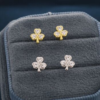 Cz Shamrock Tiny Stud Earrings In Sterling Silver, 4 of 12