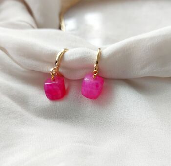 Small Square Pink Stone Hoop Earrings, 3 of 5