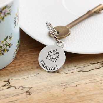 Personalised New Home Housewarming Gift Round Pewter Keyring With Name, 2 of 4