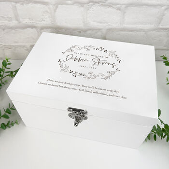 Personalised White Wooden Wreath Memory Box For Bereavement And Sympathy Keepsake Gift, 3 of 9