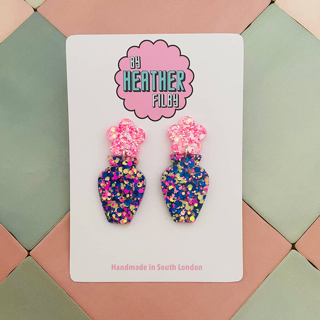 Retro Flower Vase Glitter Earrings, 1 of 7
