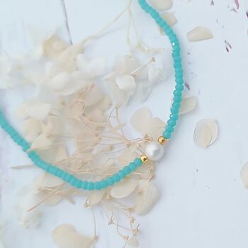 Beaded Choker Necklace Featuring Turquoise Beads And A Faux Pearl, 2 of 2