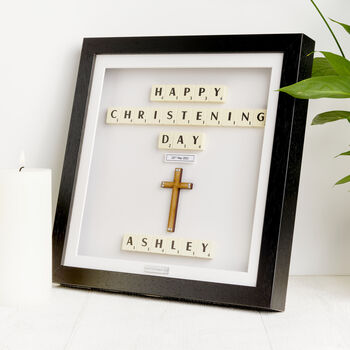 Personalised Wooden Cross Christening Keepsake Frame With Scrabble, 4 of 9