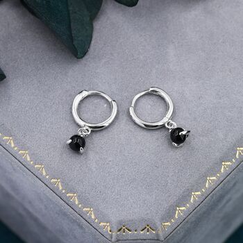 Sterling Silver 4mm Black Onyx Hoop Earrings, 7 of 10