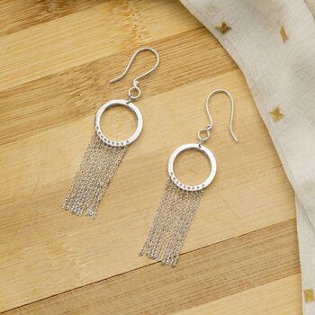 925 Silver Hollow Circle Chains Tassel Drop Earrings, 5 of 8