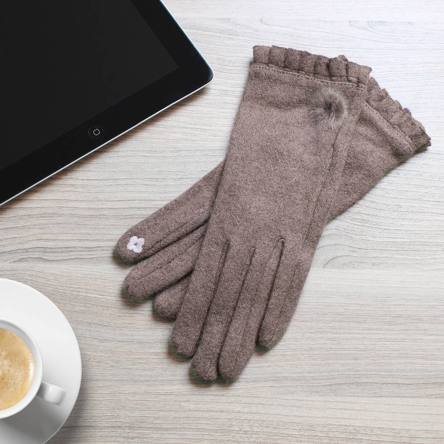 Merino Wool Touch Screen Gloves With Frill Cuff By Studio Hop