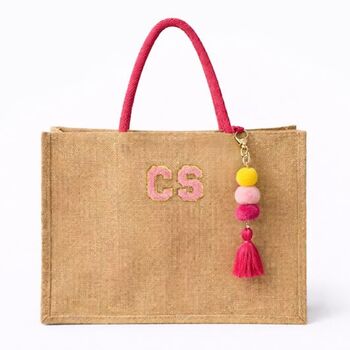 Personalised Square Jute Pom Pom Beach Shopper Tote Bag, 2 of 5