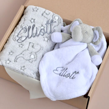 Personalised Baby Gift Set Star Blanket And Elephant, 10 of 11