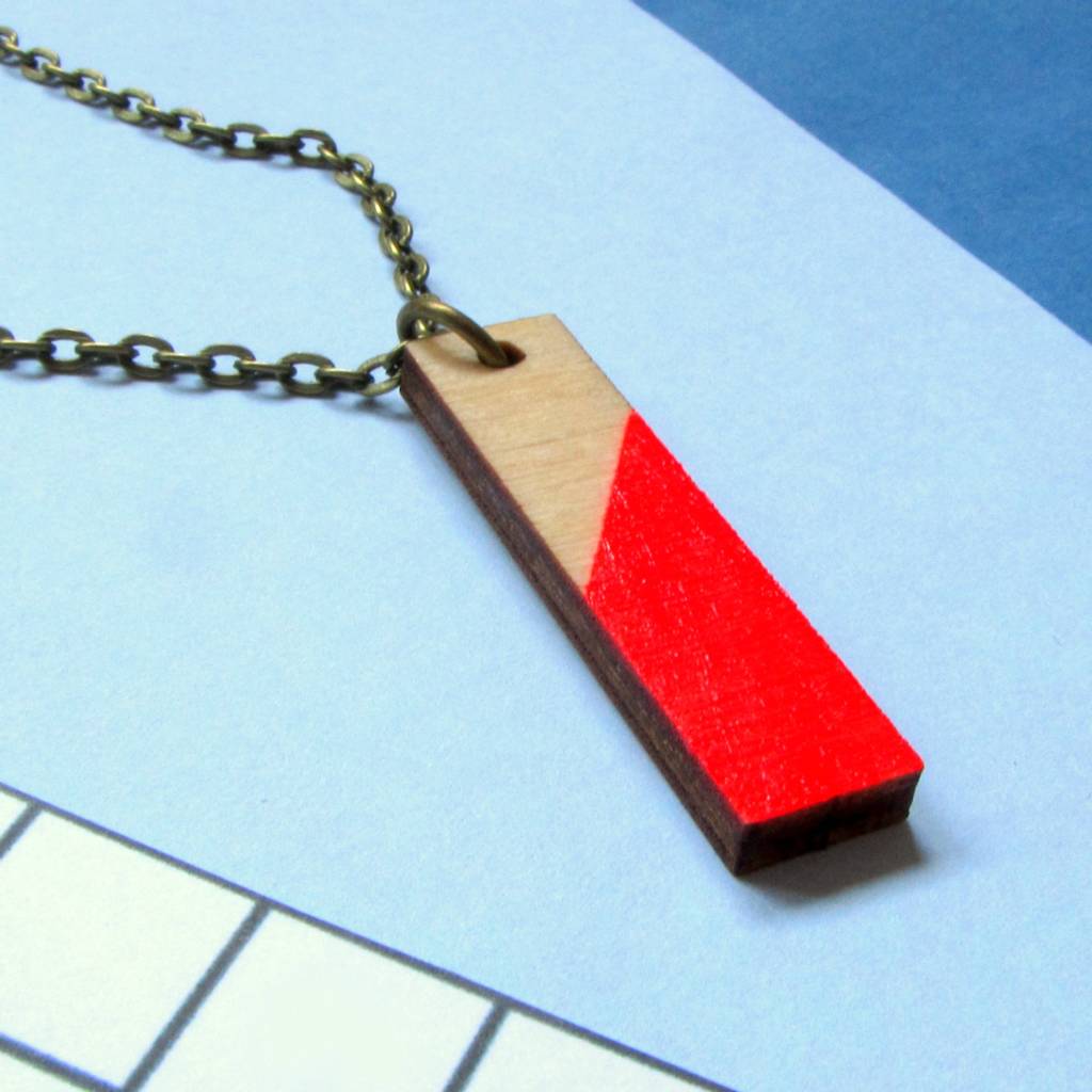 Neon Red Rectangle Geometric Wooden Necklace, 1 of 2
