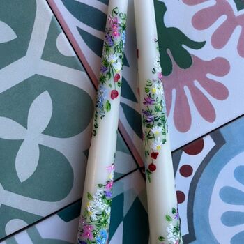 Ivory Hand Painted Pair Of Wild Flower Garland Candles, 2 of 3