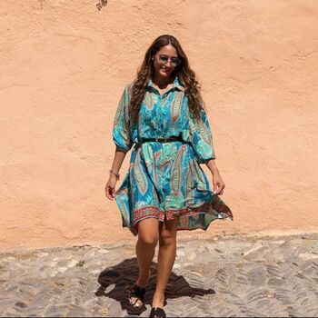 'Ella' Buttoned Turquoise And Pink Paisley Shirt Dress, 6 of 7