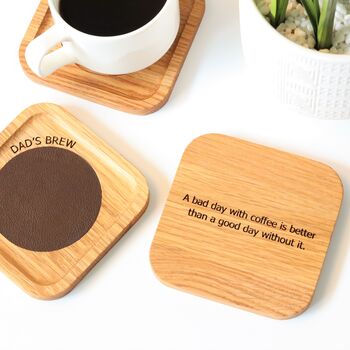 Personalised Coaster In Solid Oak With Leather Option, 5 of 10