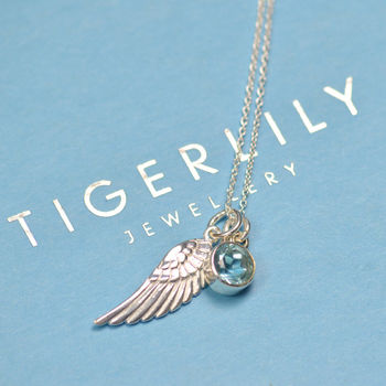 Silver Angel Wing And Blue Topaz Pendant Necklace, 2 of 3