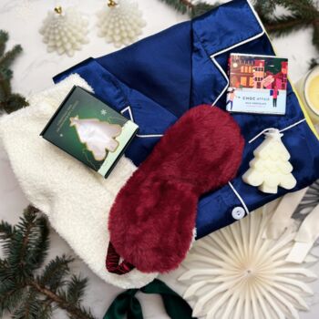Luxury Christmas Pyjama Gift Set For Her – Royal Blue Satin Pjs, Eye Mask, Candle And Socks, 8 of 9