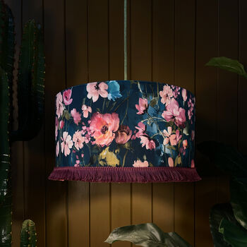 Hazy Meadow Fringed Lampshade In Kingfisher Velvet, 2 of 5