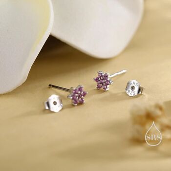 Pair Of Very Tiny Ruby Pink Cz Flower Stud Earrings In Sterling Silver, 6 of 12