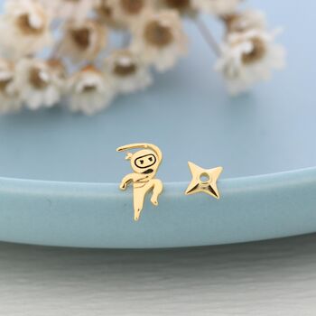 Tiny Mismatched Ninja And Ninja Shuriken Star Stud Earrings In Sterling Silver, 7 of 12
