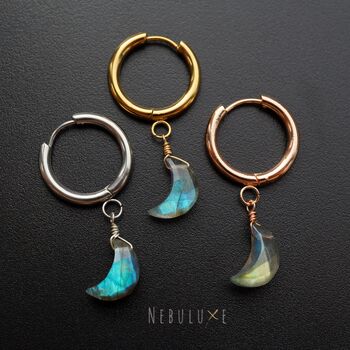 Labradorite Moon Huggie Earrings, 2 of 9