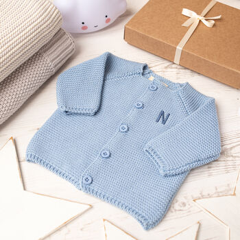 Luxury Blue Grey Bobble Hat And Cardigan Baby Gift Box, 2 of 12