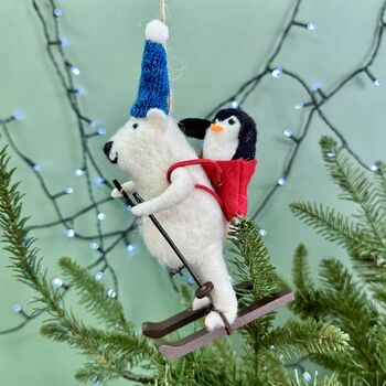 Personalised Polar Bear And Penguin Felt Skiing Bauble, 2 of 3