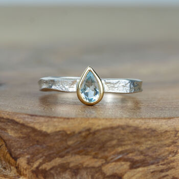 Teardrop Aquamarine March Birthstone Silver And Gold Ring, 4 of 6