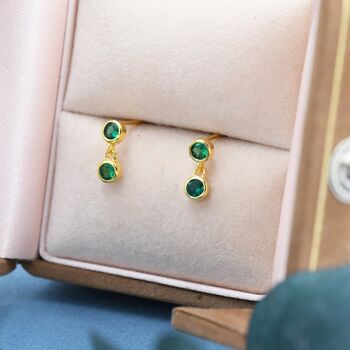 Emerald Green Double Cz Dangle Stud Earrings, 7 of 11