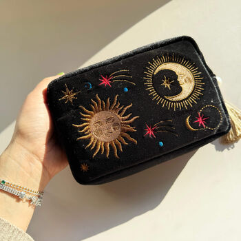 Personalised Velvet Travel Make Up Bag With Green Glitter Name – Embroidered Sun, Moon And Stars, 5 of 10