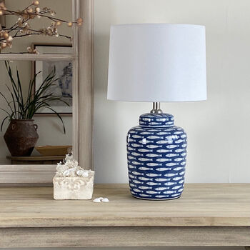 Medium Blue And White Ceramic Fish Table Lamp, 2 of 4