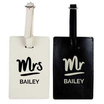 Personalised Leather Mr And Mrs Luggage Tag Set, 2 of 3