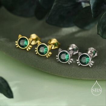 Sterling Silver Emerald Green Cz Cat Stud Earrings, 6 of 12