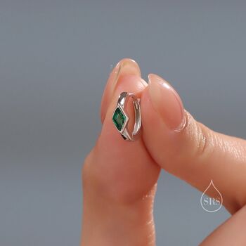 Tiny Rhombus Emerald Green Cz Huggie Hoop In Sterling Silver, 2 of 12